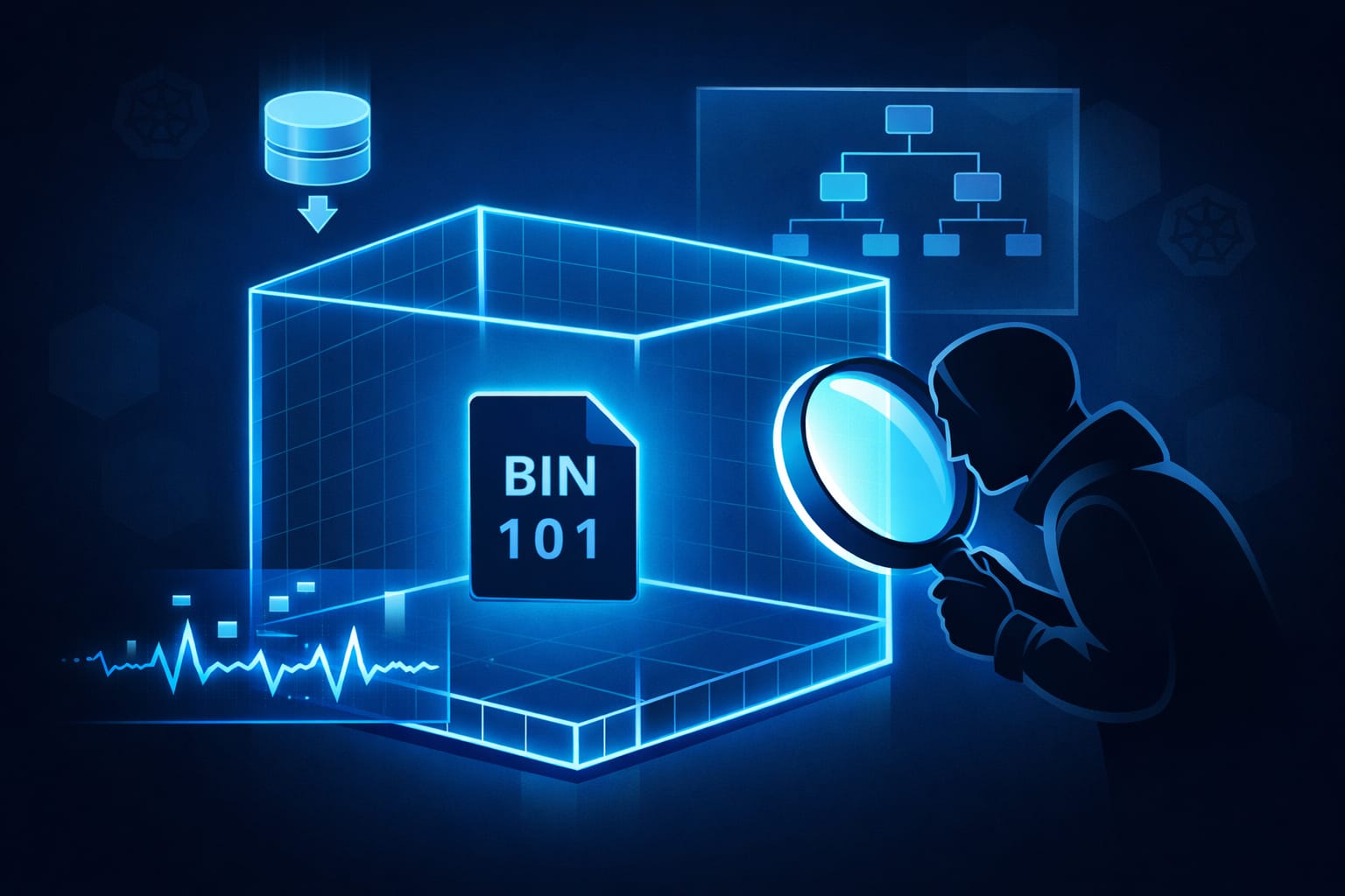 Developer inspecting a distroless container with magnifying glass