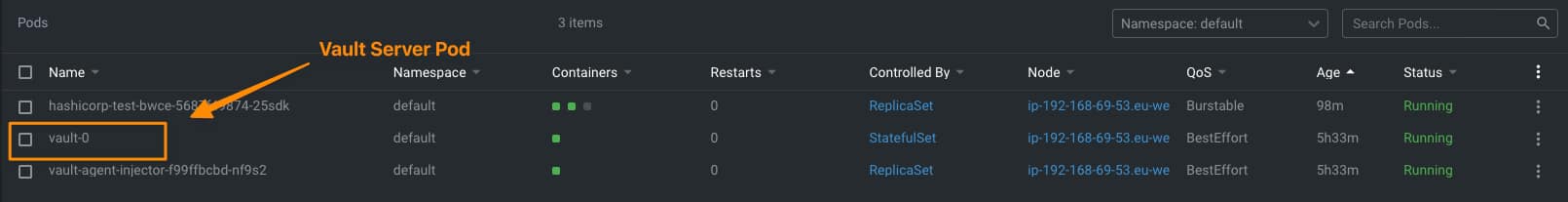 Create Secrets in Hashicorp Vault: Detecting Vault Server Pod