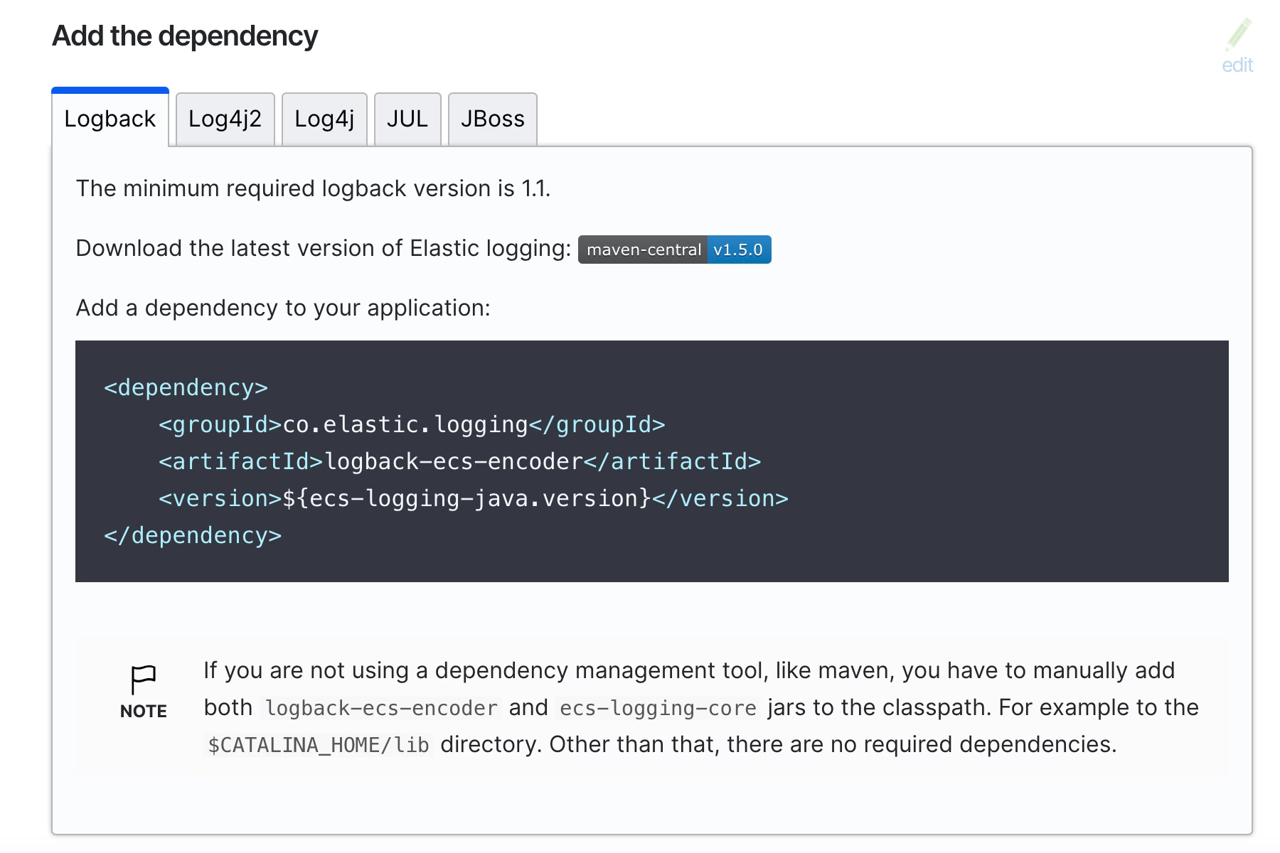 BW ECS Logging: Información de Dependencia de ECS Java