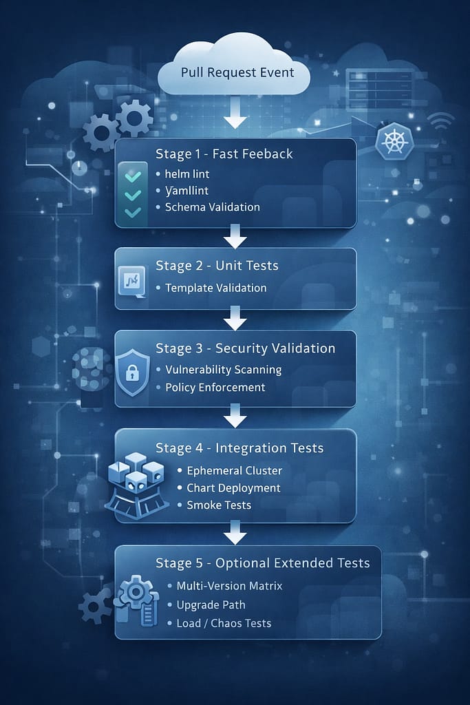 Helm chart testing CI/CD pipeline for Kubernetes, showing linting, schema validation, unit testing, security scanning, and integration tests before production deployment.