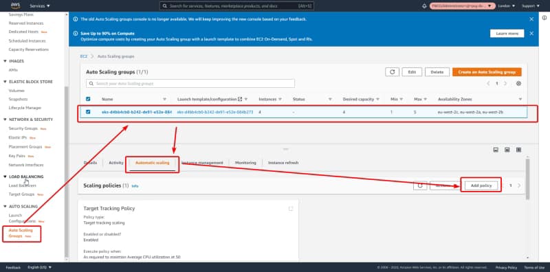 Autoscaling policy option in the EC2 Service console